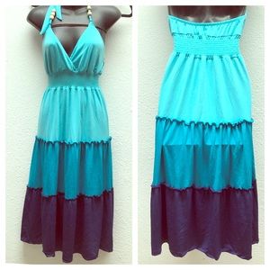 Boho Blue Color block Summer Dress XS